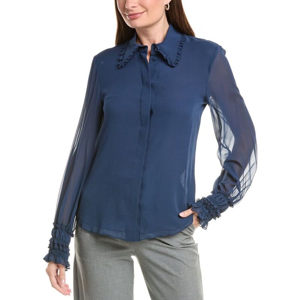 Lafayette 148 New York Womens  Pleated Collar Balloon Sleeve Silk Blouse